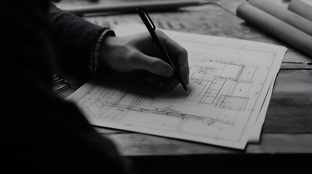Architect reviewing blueprints at a construction site. Featuring architectural planning and design