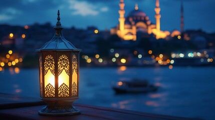Illuminated lantern on waterfront with mosque backdrop at dusk.