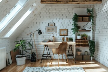 Attic Workspace: A cozy home office setup with natural light and calming decor