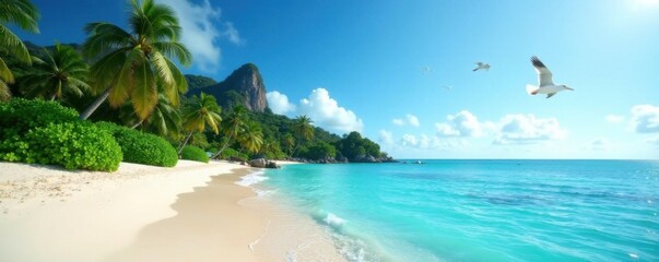 Seagulls soar above a serene tropical beach scene with lush greenery and crystal-clear waters , serene, beach