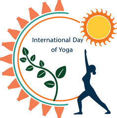 International Day of Yoga: A silhouette of a woman performing yoga against a backdrop of a sun and a growing plant in a circle,  symbolic of the peace, harmony.