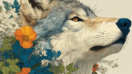 wolf with flowers clipart watercolor art illustration detailed illustration,stock photo