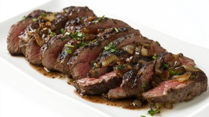 Juicy Grilled Beef Steak with Onion Sauce on Elegant White Plate