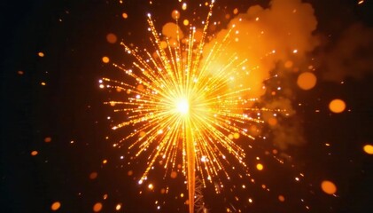 Wide-angle shot of yellow fireworks exploding in a burst of color, with intense flames and glowing embers radiating outward, energetic, colorful