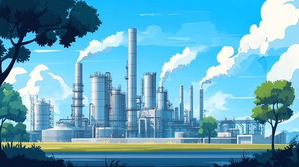 Obraz premium Industrial plant with smokestacks emitting smoke, surrounded by green trees and a blue sky.