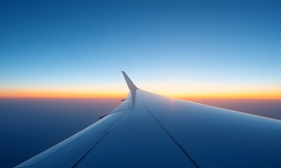 A close up view of an airplane wing with sky and clouds in background.
