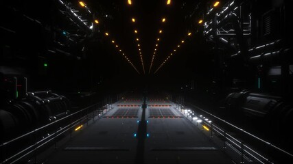Futuristic Corridor with Glowing Lights and Industrial Design Creates Mysterious Atmosphere Dark Environment, Illuminated by Rows of Orange and Blue Lights, Enhancing Sci Fi Feel with Symmetrical
 - Powered by Adobe