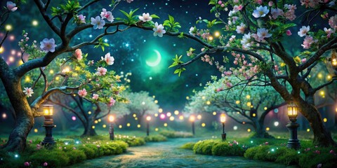 Night Photography of Beautiful Tree Branches with Floral Plans in a Lush Green Garden Setting, Capturing the Enchantment of Nature After Dark for Stunning Visual Experiences