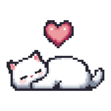 Cute white cat sleepy heart pixel illustration vector
