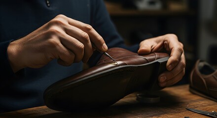 Craftsman repairing leather shoe. Cobbler stitching footwear by hand. Traditional shoemaking process. Artisan workshop. Restoration of vintage footwear. Handmade shoe craft