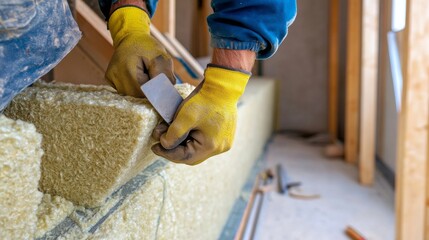A construction worker installing insulation material in a wall. Featuring focus and technique