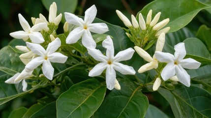 Fototapeta premium Beautiful cluster of white flowers blooming on green leafy branches