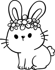 Cute Retro Spring Bunny Rabbit with Flower Crown Wreath Outline Doodle Hand Drawn