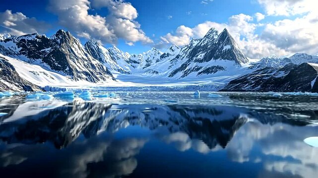 Majestic snow-capped mountains reflect in a serene icy lake under a bright blue sky