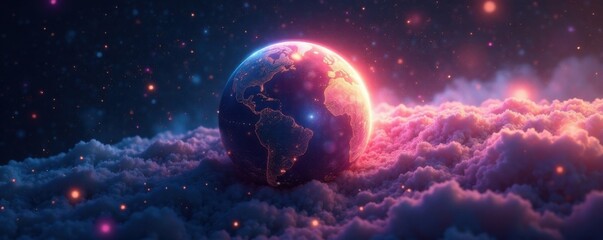 Obraz premium Iridescent planet glowing softly amidst swirling stardust, celestial, astronomy