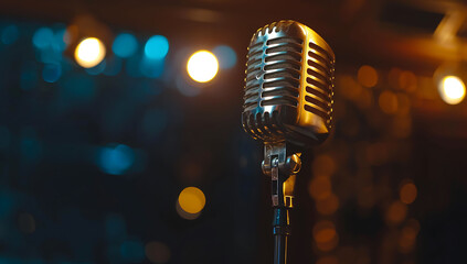 Golden microphone on a dark background with copy space, a golden vintage retro mic for a stand-up comedy or podcasting studio banner design.