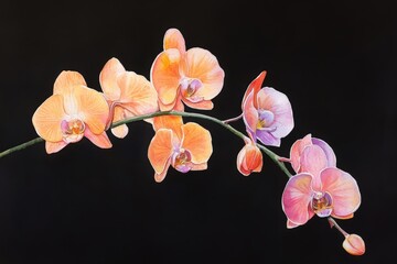 Vibrant orchids in soft peach and lavender hues against a stark black backdrop. © BabyEyes