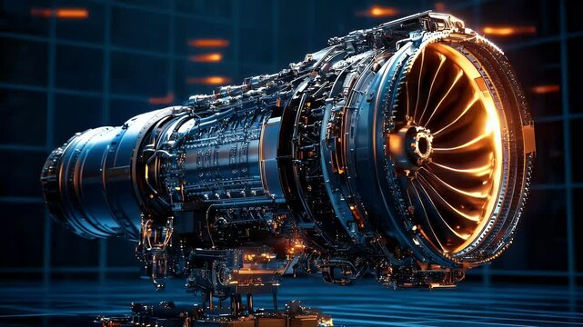 Jet engine, metal, detailed design, illuminated, turbine blades. Impressive engineering with complex mechanics on display
