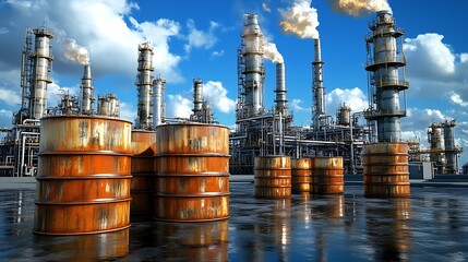 Industrial Refinery Complex: Oil Barrels and Pollution