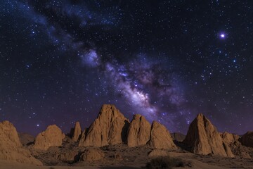 Starry night above rocky desert landscape with the Perseus constellation visible soft gradient from dark purple to black sky stars sparkling sharp rocky features in the foreground