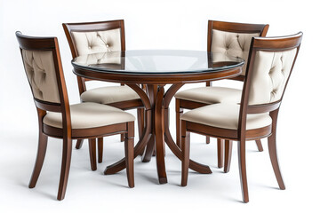 Round dining table with chairs set for an elegant dinner party. Crystal chandelier hanging above, casting a warm glow on the table.
