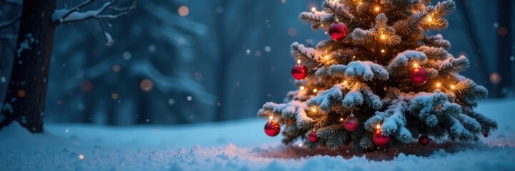 Snow-covered Christmas tree with fairy lights and ornaments in a frosty forest environment, holiday decor, christmas decorations, forest