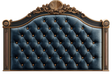 Luxurious tufted headboard navy velvet ornate gold frame elegant bedroom on transparent background