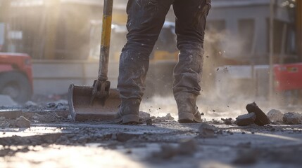Construction worker operating a jackhammer on a job site. Featuring strength and focus