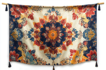 Colorful tapestry hanging on wall, featuring intricate floral patterns with vibrant hues, brightening up the room with its detailed craftsmanship.