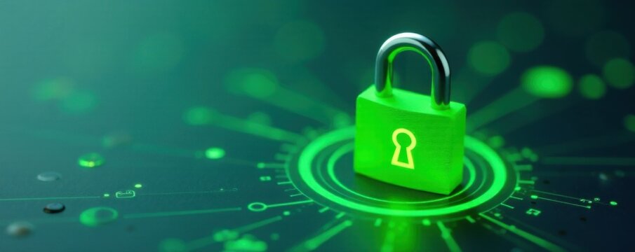 Small green padlock and chain with keyhole surrounded by a circle, signifying secure connection, padlock, HTTPS, encryption