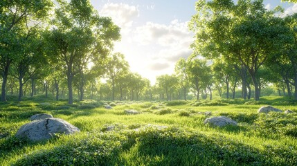 Fototapeta premium Serene Sunlight Filtering Through Lush Green Forest