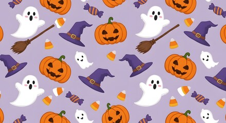 Colorful Halloween pattern featuring playful ghosts, pumpkins, candy, and witch hats on a light purple background suitable for festive decorations or themed events Generative AI