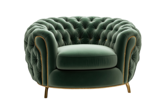 Luxurious emerald green velvet armchair tufted button detailing gold on transparent background