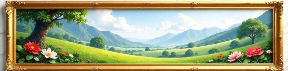 Obraz premium Elegant golden frame surrounds a serene landscape on a marble background, Peaceful, Nature Scene