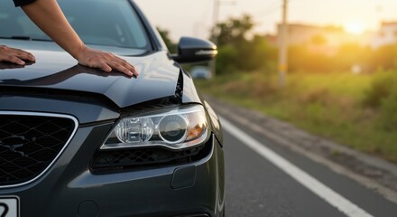 Fototapeta premium driver inspecting damaged car on road during sunset 