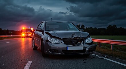Naklejka premium Damaged car on roadside after accident against dark sky 