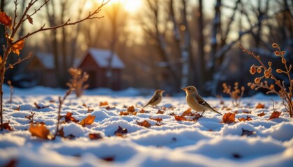 The cool, crisp air of early morning carries the sound of birds chirping and the rustling of leaves as the world awakens with the glowing sun.