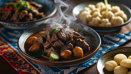 Fototapeta premium Steaming Bowl of Aromatic Beef Stew with Dumplings A Culinary Delight