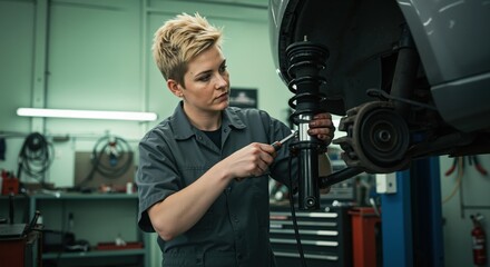 Female mechanic repairing a car suspension in an auto shop  