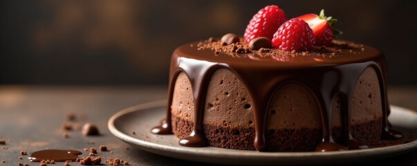 Rich, velvety chocolate flows from the top of a decadent cake , dessert, sweet