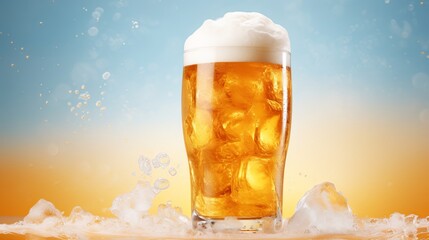 A refreshing glass of beer with ice cubes and a frothy head against a gradient background of blue and orange