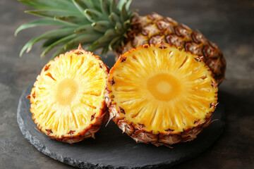 Half pineapple on slate board; vibrant, juicy flesh and jagged skin; tropical vibes.
