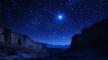 Starry sky over desert canyon the North Star brightly shining above jagged rock formations deep blue to black gradient stars sparkling soft light illuminating the rocky cliffs