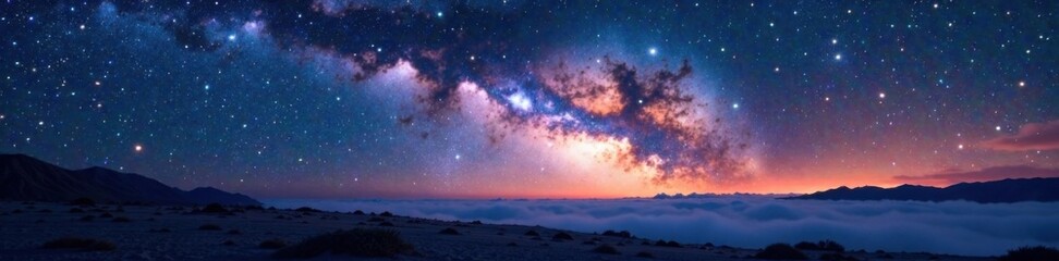 Fototapeta premium Panoramic landscape of the Milky Way with vast expanse of twinkling stars and swirling space dust, night sky , astronomy