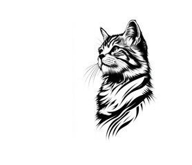 Fototapeta premium Elegant striped cat illustration, graceful, looking upwards, on a white surface