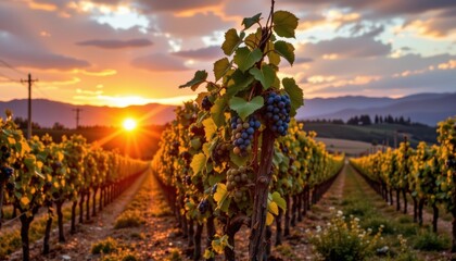 Fototapeta premium A picturesque vineyard at sunset, with rows of grapevines heavy with clusters of plump grapes, workers moving swiftly to harvest the fruit before nightfall.