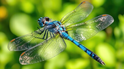 A beautiful blue dragonfly is shown in the vibrant green nature