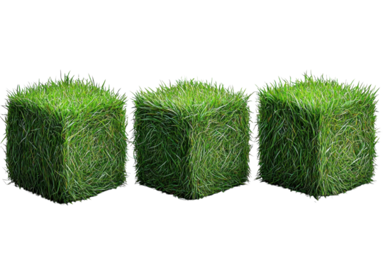 grass cubes, three green lawn blocks on white background.