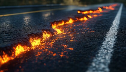 Fire burning on asphalt cracked from lava flow from earth