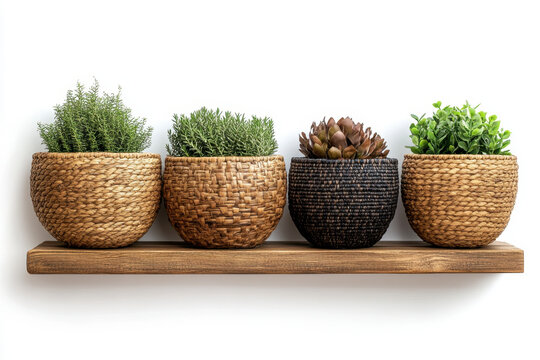 woven planters on a wooden shelf, with lush green houseplants. - Powered by Adobe